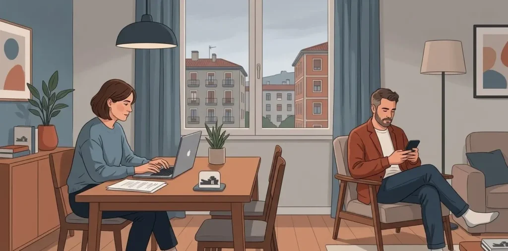 Ilustración moderna y empática de una pareja coexistiendo con distancia emocional en un apartamento típico de Bilbao, simbolizando la rutina de compañeros de piso y la separación, perfecta para un post de blog sobre terapia de pareja