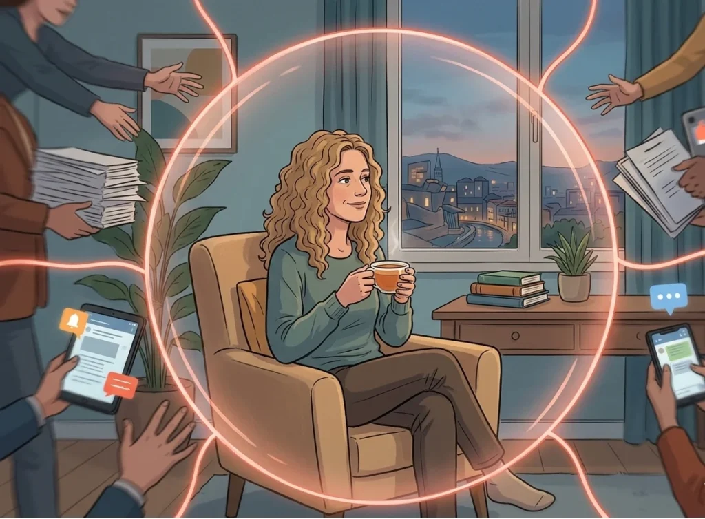Ilustración de una persona serena en un sillón, rodeada por líneas rojas protectoras y un orbe de luz que definen sus límites personales contra el caos exterior